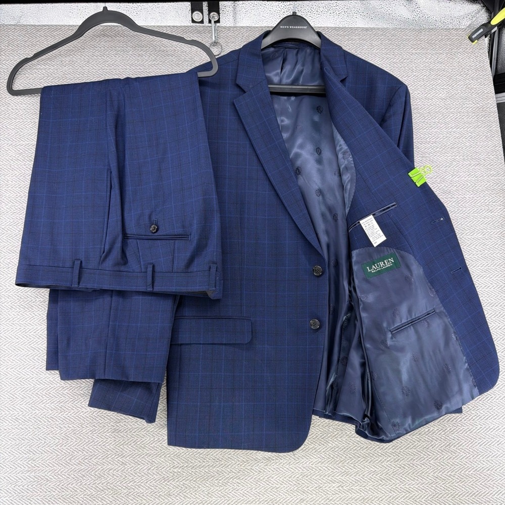 Lauren Ralph Lauren Suit 46S Blue Wool Plaid Two Button Blazer Trousers Set Mens